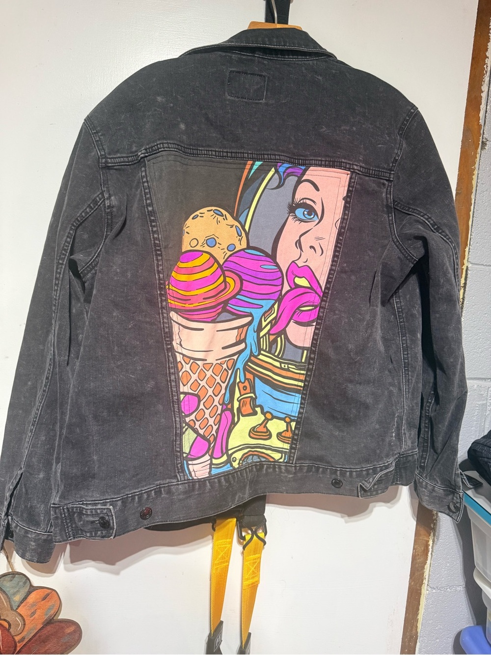 Custom pop art black denim jacket space girl graphic size large